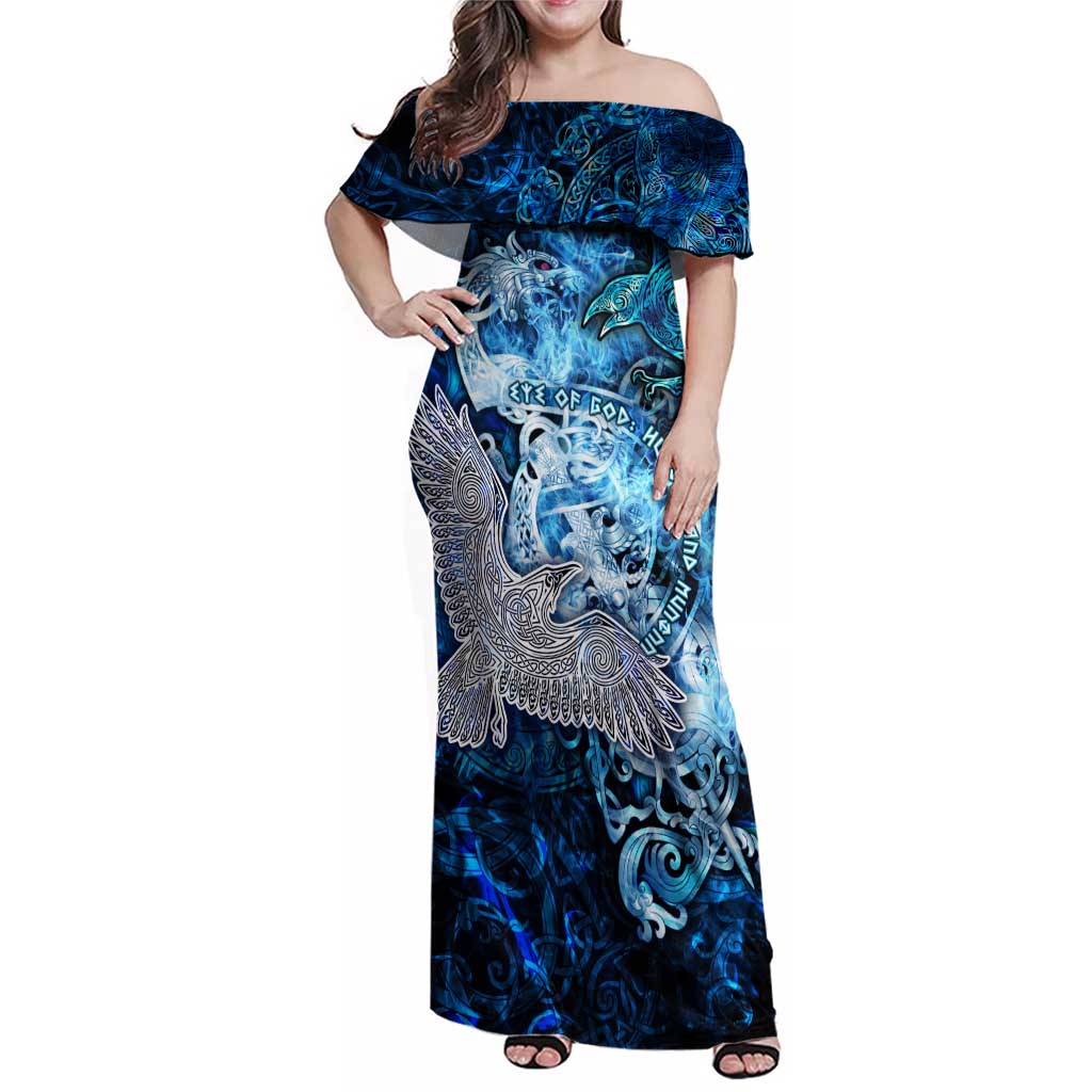 Eye of God Huginn and Muninn Viking Family Matching Off Shoulder Maxi Dress and Hawaiian Shirt Odin Ravens in Frostflame and Runeflight Style