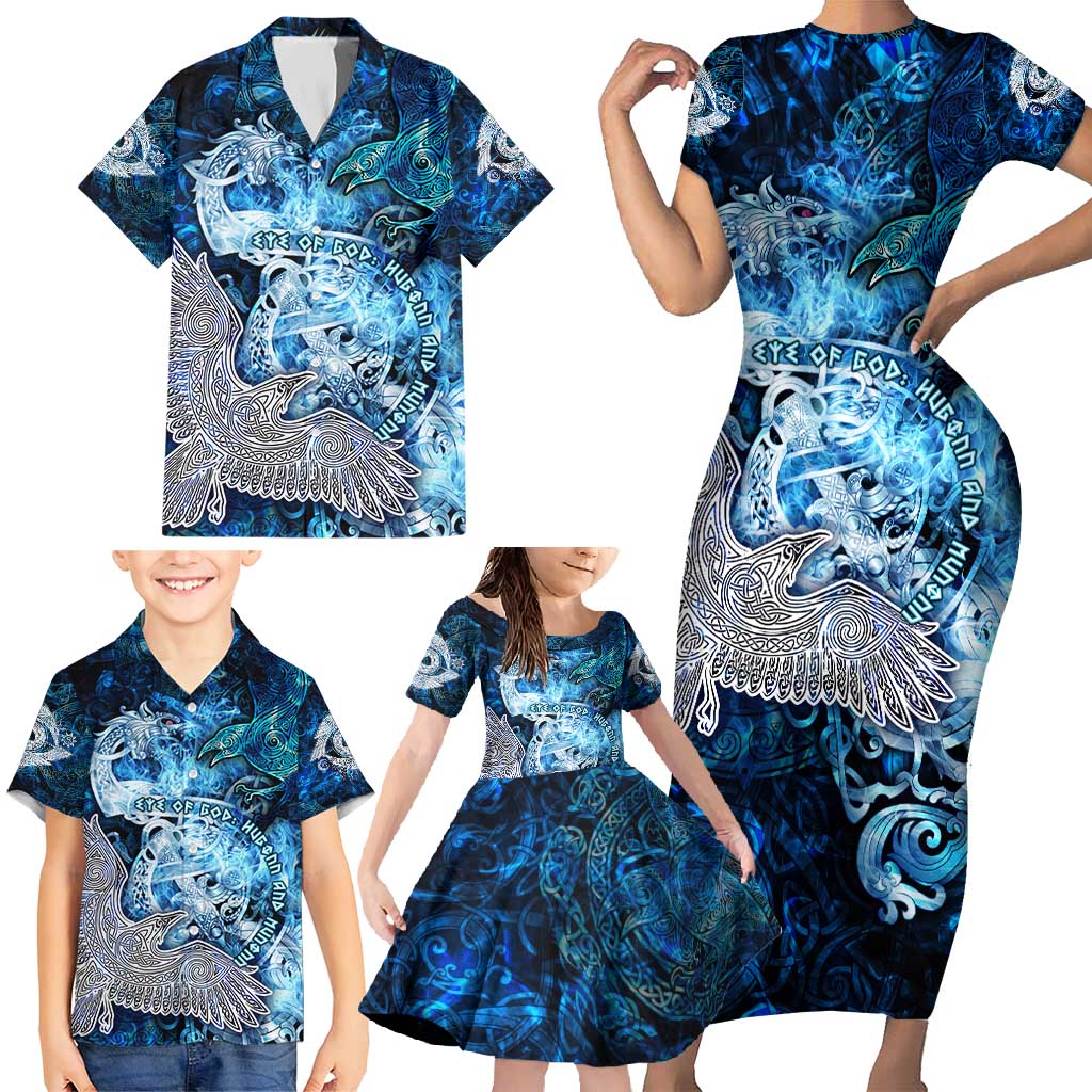 Eye of God Huginn and Muninn Viking Family Matching Short Sleeve Bodycon Dress and Hawaiian Shirt Odin Ravens in Frostflame and Runeflight Style