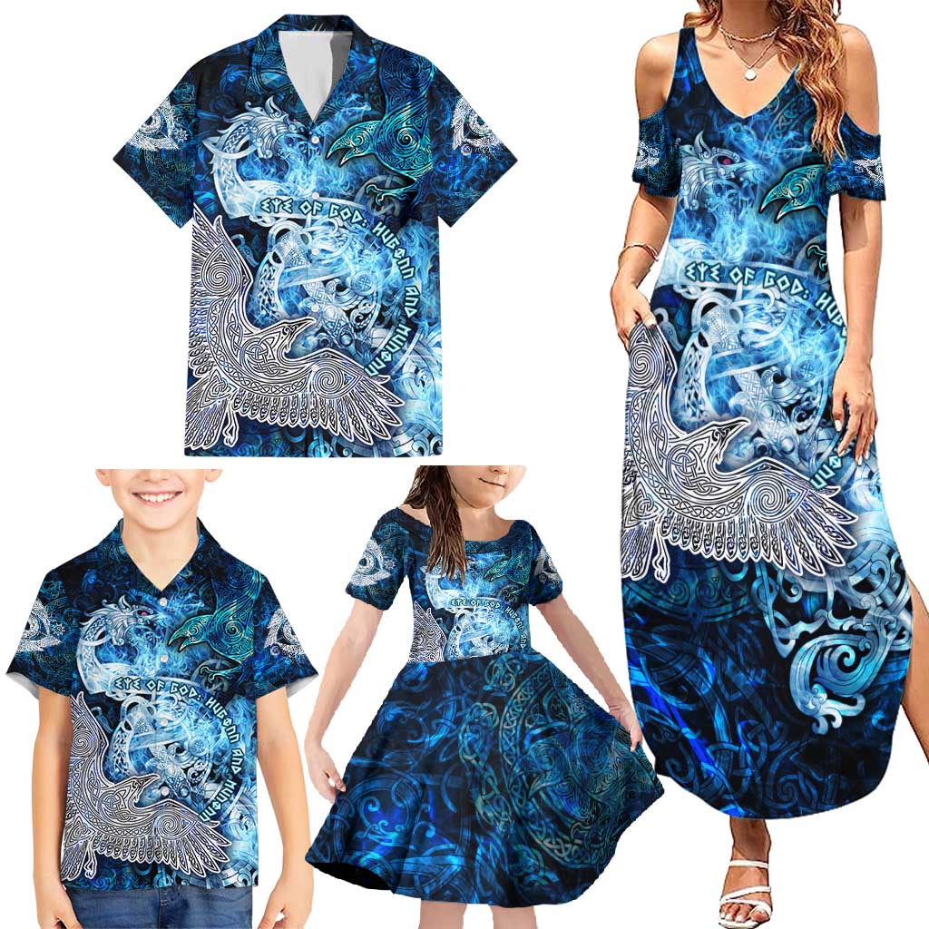 Eye of God Huginn and Muninn Viking Family Matching Summer Maxi Dress and Hawaiian Shirt Odin Ravens in Frostflame and Runeflight Style