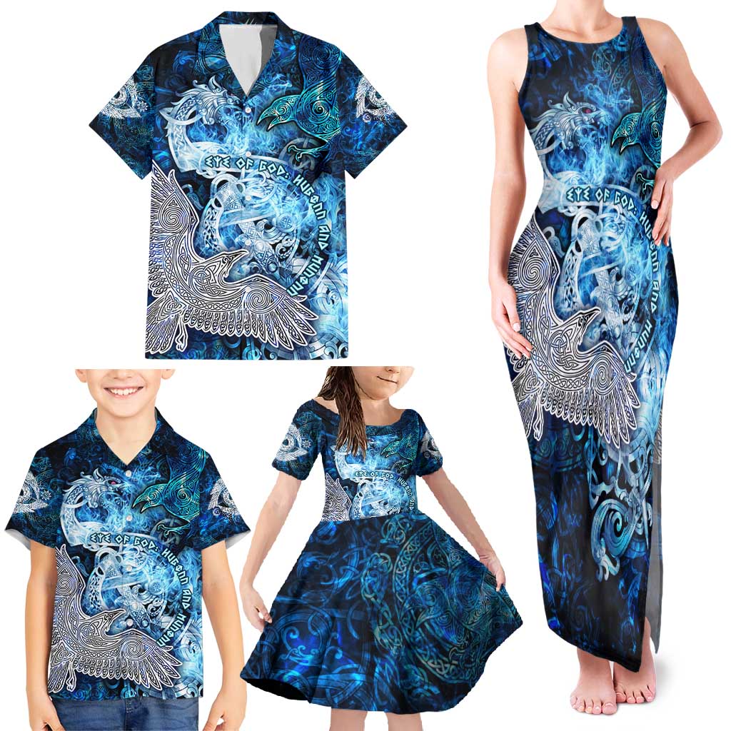 Eye of God Huginn and Muninn Viking Family Matching Tank Maxi Dress and Hawaiian Shirt Odin Ravens in Frostflame and Runeflight Style