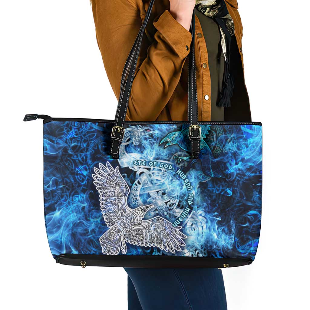 Eye of God Huginn and Muninn Viking Leather Tote Bag Odin Ravens in Frostflame and Runeflight Style