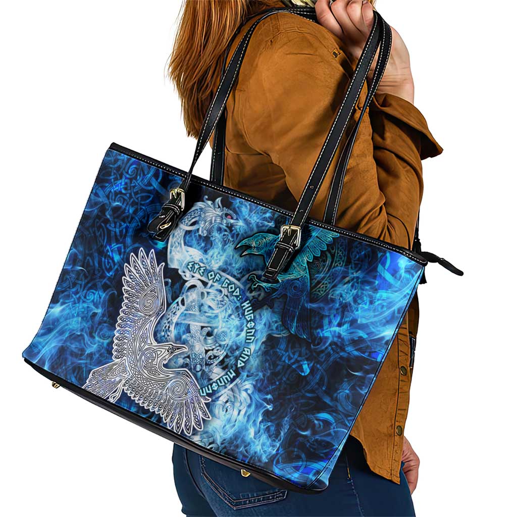 Eye of God Huginn and Muninn Viking Leather Tote Bag Odin Ravens in Frostflame and Runeflight Style