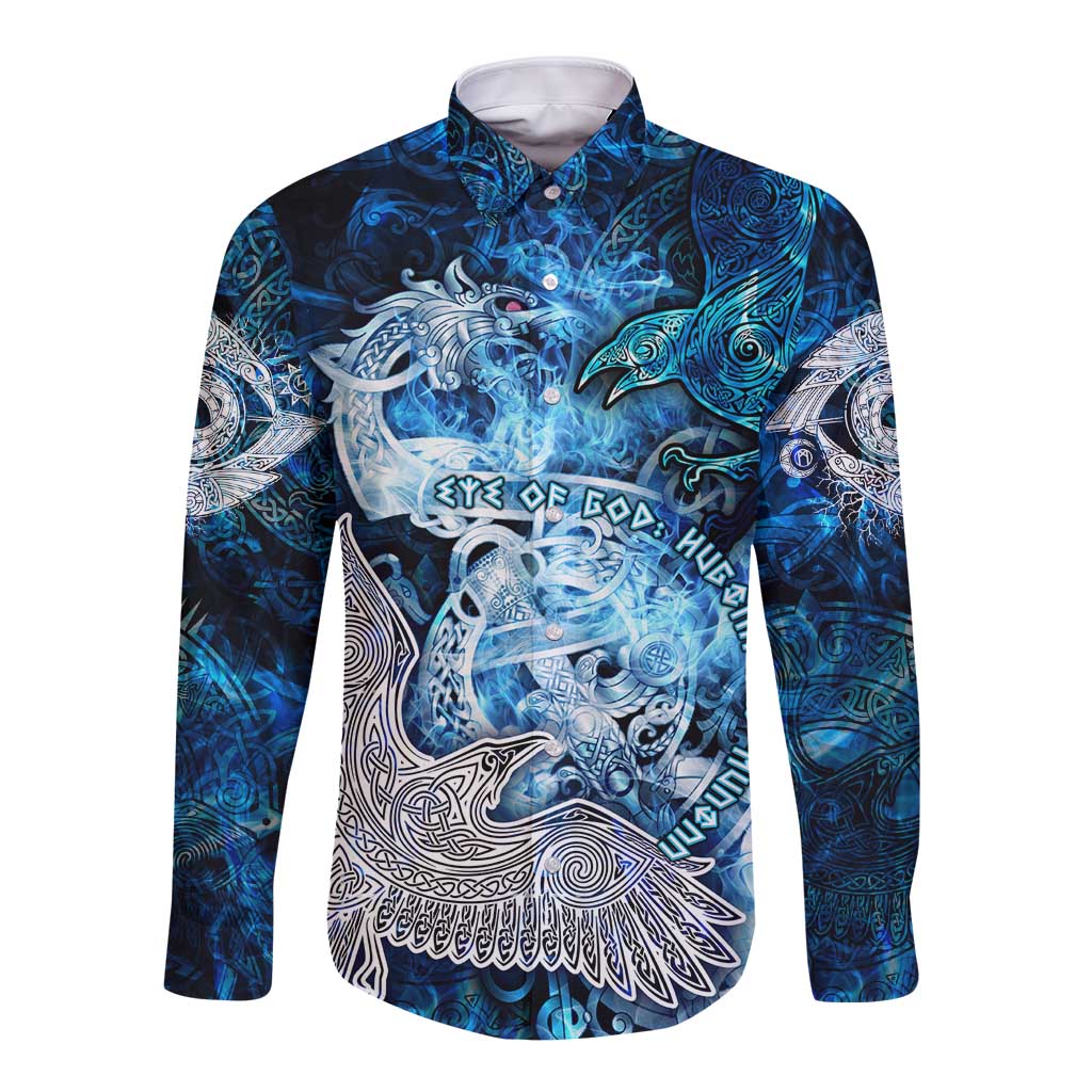 Eye of God Huginn and Muninn Viking Long Sleeve Button Shirt Odin Ravens in Frostflame and Runeflight Style