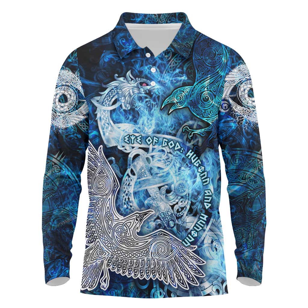Eye of God Huginn and Muninn Viking Long Sleeve Polo Shirt Odin Ravens in Frostflame and Runeflight Style