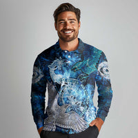Eye of God Huginn and Muninn Viking Long Sleeve Polo Shirt Odin Ravens in Frostflame and Runeflight Style