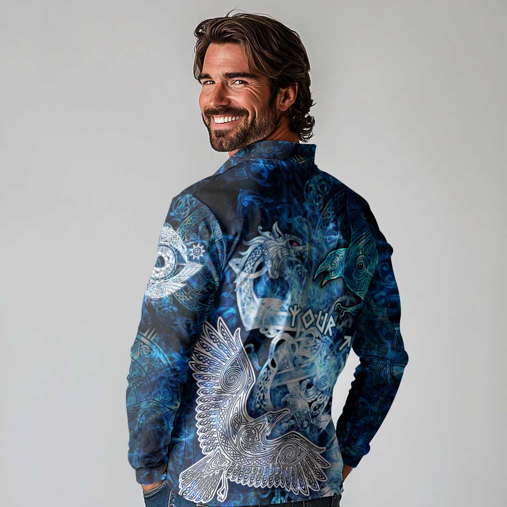 Eye of God Huginn and Muninn Viking Long Sleeve Polo Shirt Odin Ravens in Frostflame and Runeflight Style