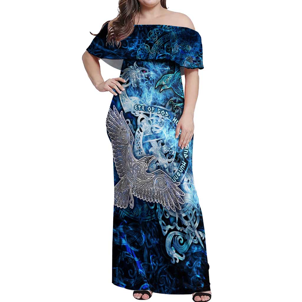 Eye of God Huginn and Muninn Viking Off Shoulder Maxi Dress Odin Ravens in Frostflame and Runeflight Style