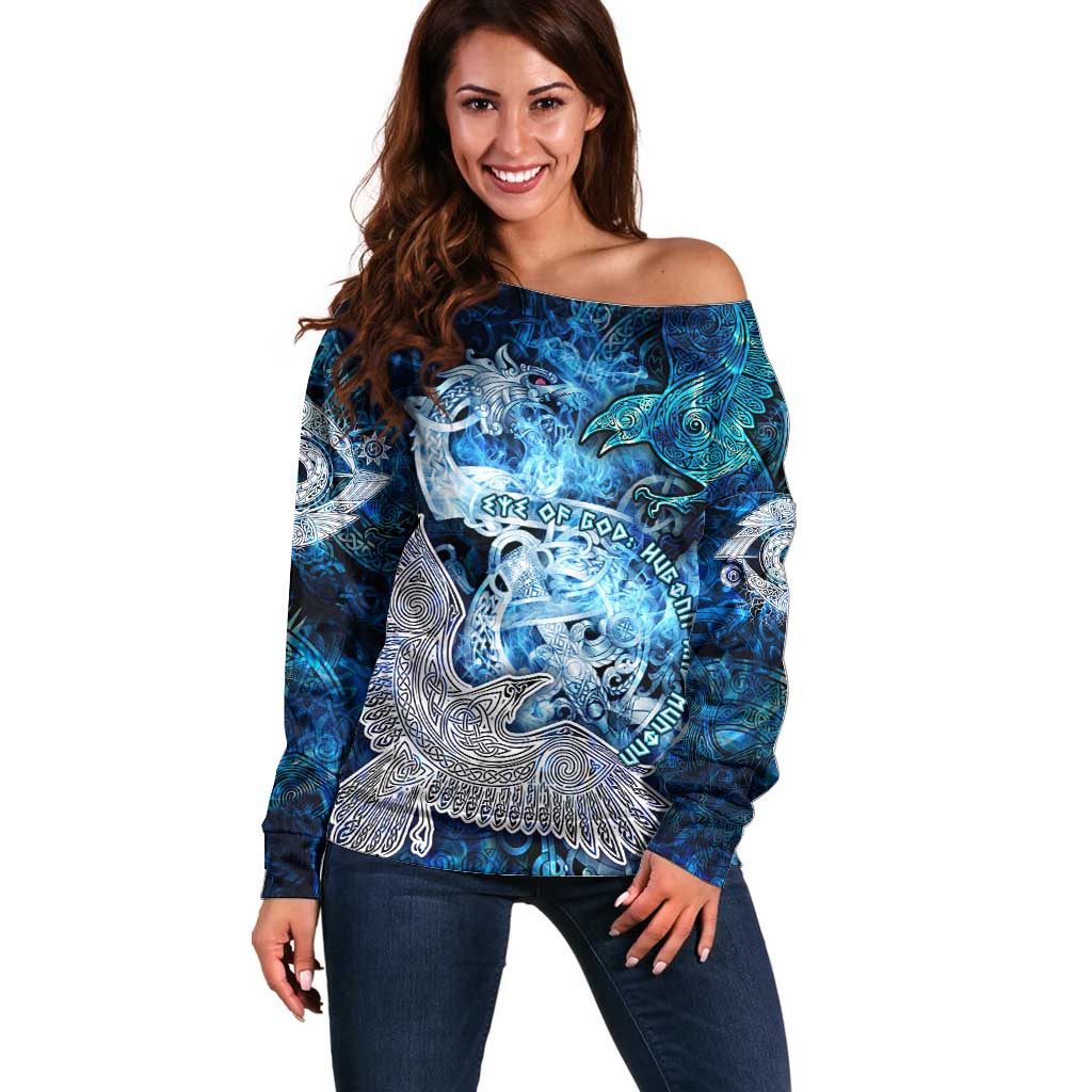 Eye of God Huginn and Muninn Viking Off Shoulder Sweater Odin Ravens in Frostflame and Runeflight Style