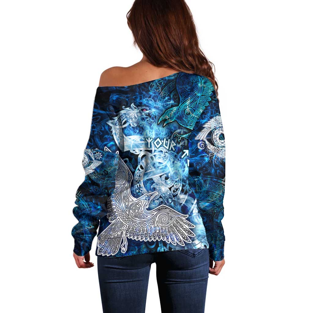 Eye of God Huginn and Muninn Viking Off Shoulder Sweater Odin Ravens in Frostflame and Runeflight Style