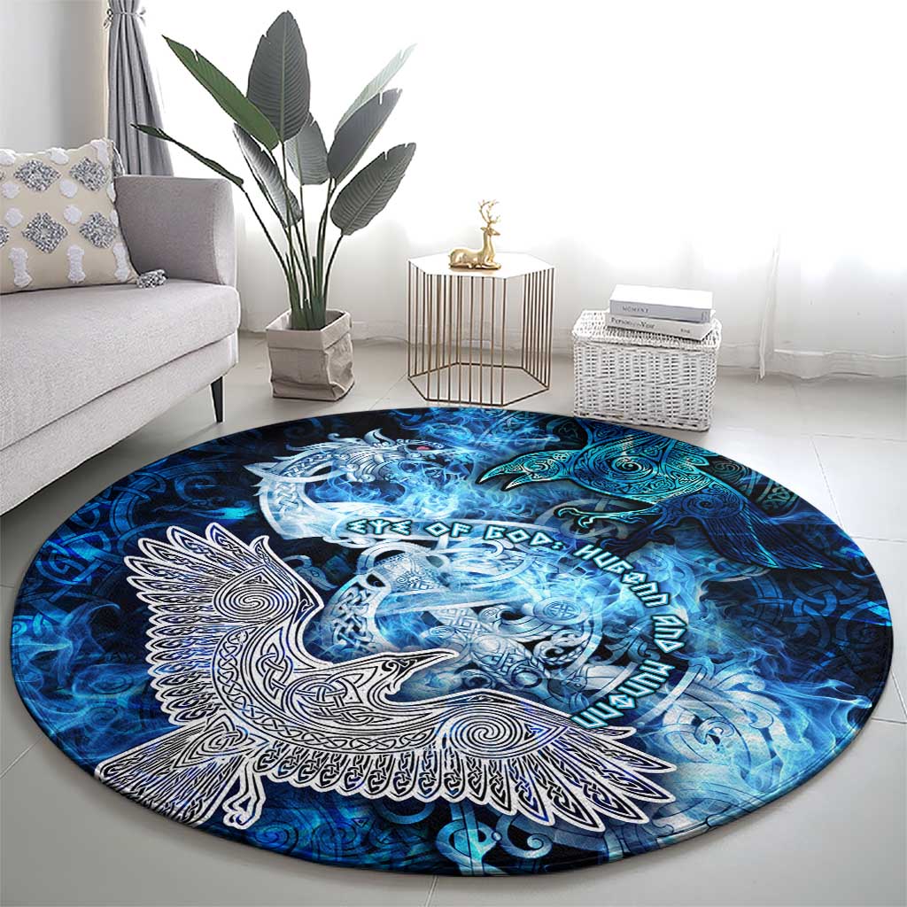 Eye of God Huginn and Muninn Viking Round Carpet Odin Ravens in Frostflame and Runeflight Style