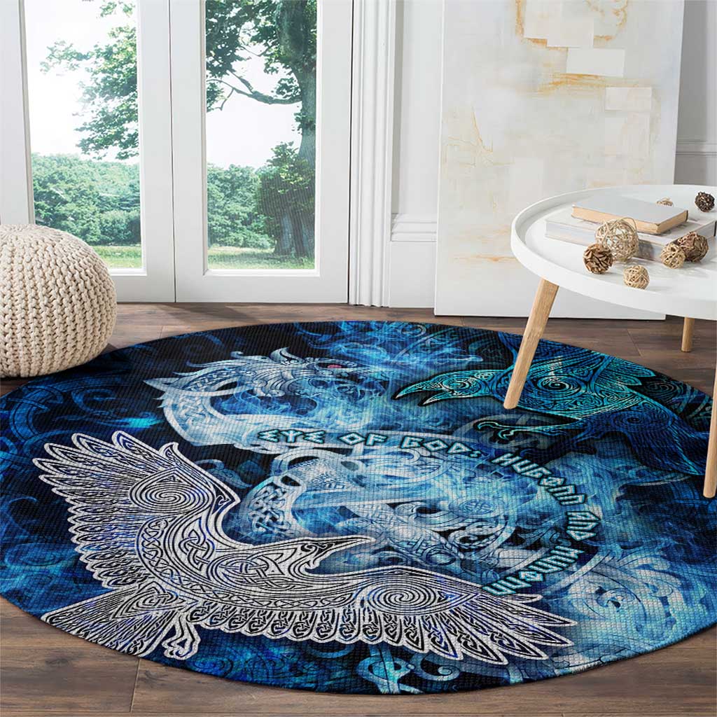 Eye of God Huginn and Muninn Viking Round Carpet Odin Ravens in Frostflame and Runeflight Style