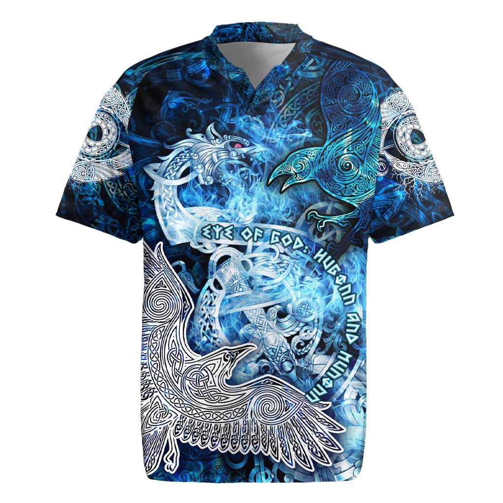 Eye of God Huginn and Muninn Viking Rugby Jersey Odin Ravens in Frostflame and Runeflight Style