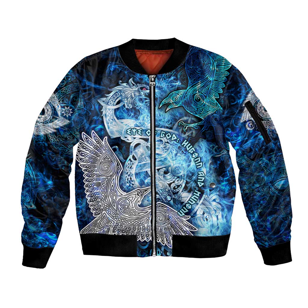 Eye of God Huginn and Muninn Viking Sleeve Zip Bomber Jacket Odin Ravens in Frostflame and Runeflight Style