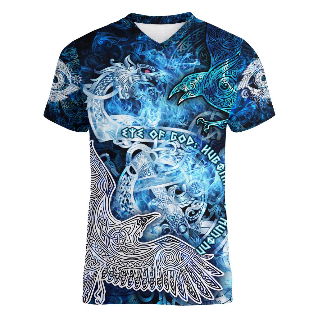 Eye of God Huginn and Muninn Viking Women V-Neck T-Shirt Odin Ravens in Frostflame and Runeflight Style