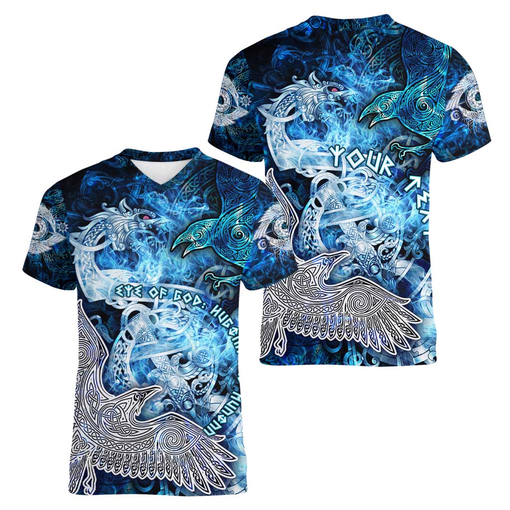 Eye of God Huginn and Muninn Viking Women V-Neck T-Shirt Odin Ravens in Frostflame and Runeflight Style