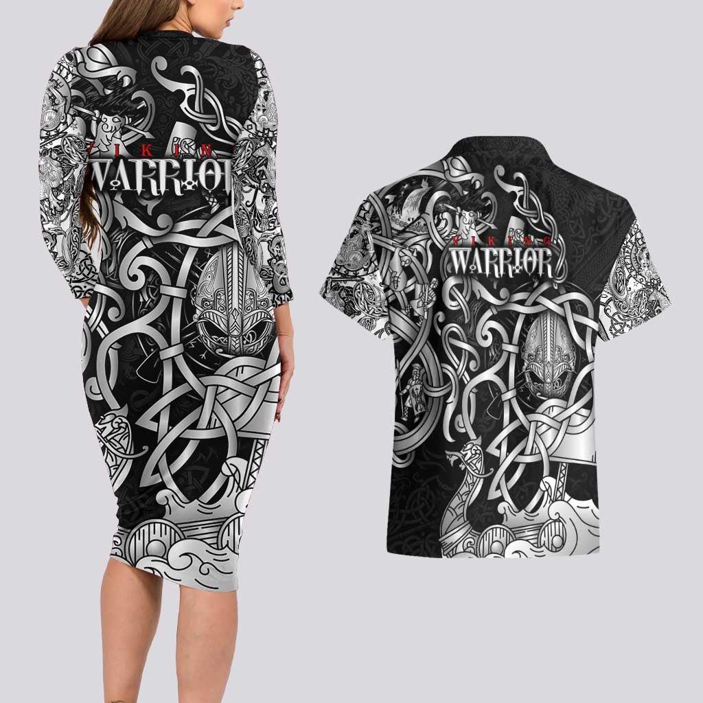 Viking Warrior Couples Matching Long Sleeve Bodycon Dress and Hawaiian Shirt Tales Entwined in Nordic Knotwork