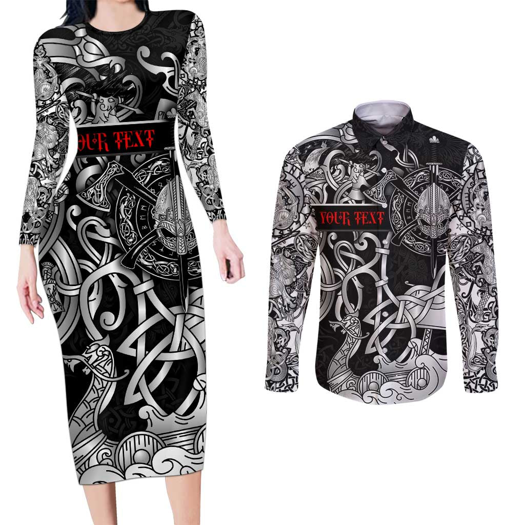 Viking Warrior Couples Matching Long Sleeve Bodycon Dress and Long Sleeve Button Shirt Tales Entwined in Nordic Knotwork