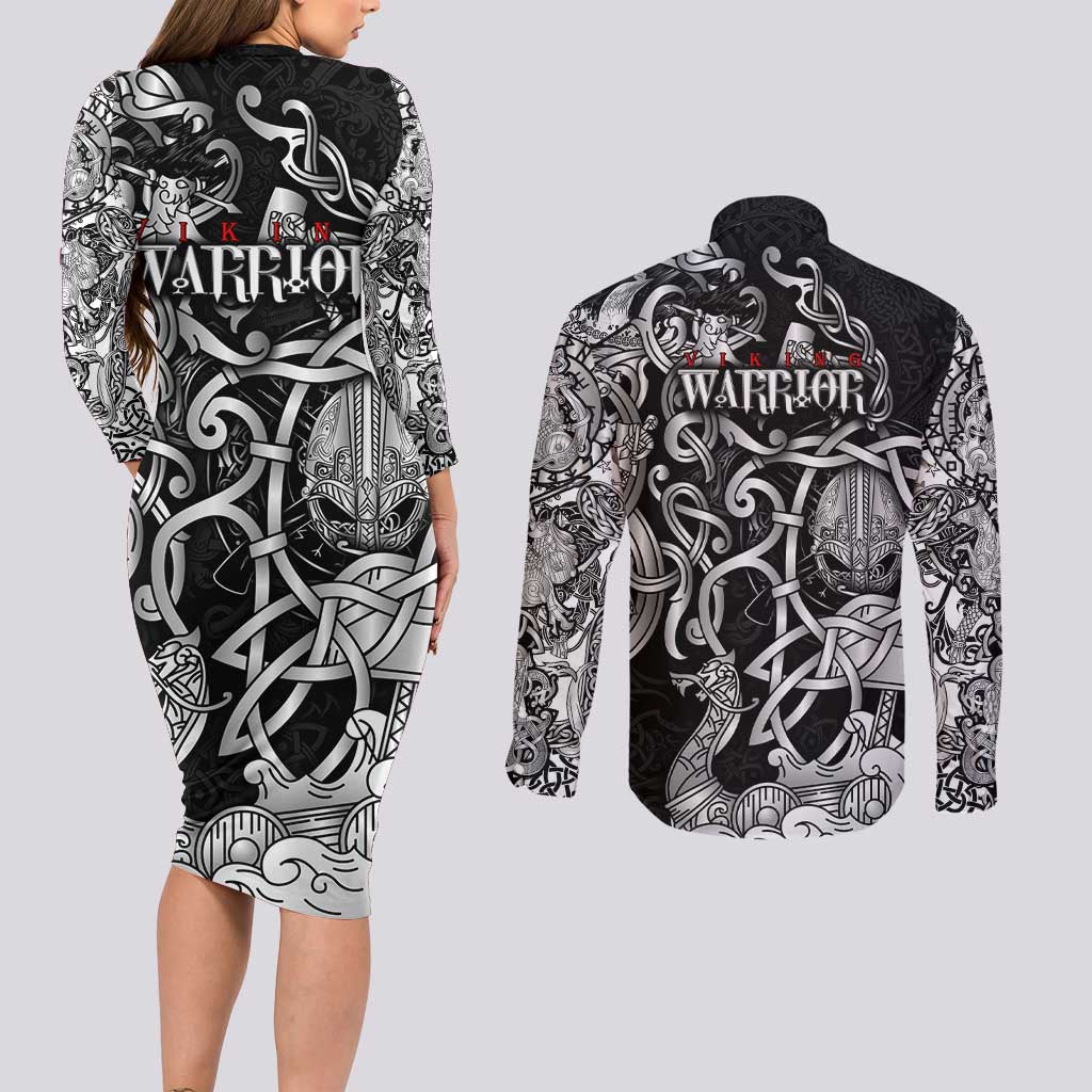 Viking Warrior Couples Matching Long Sleeve Bodycon Dress and Long Sleeve Button Shirt Tales Entwined in Nordic Knotwork
