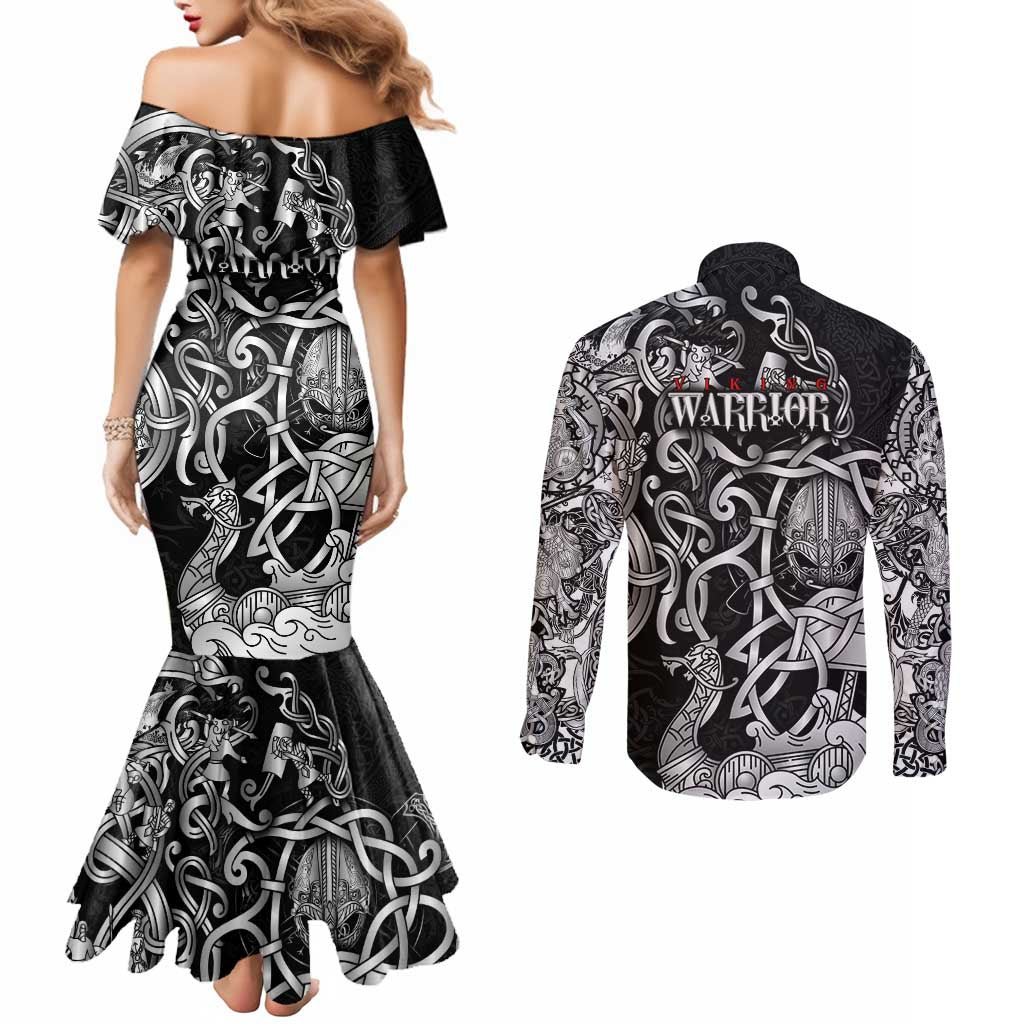 Viking Warrior Couples Matching Mermaid Dress and Long Sleeve Button Shirt Tales Entwined in Nordic Knotwork