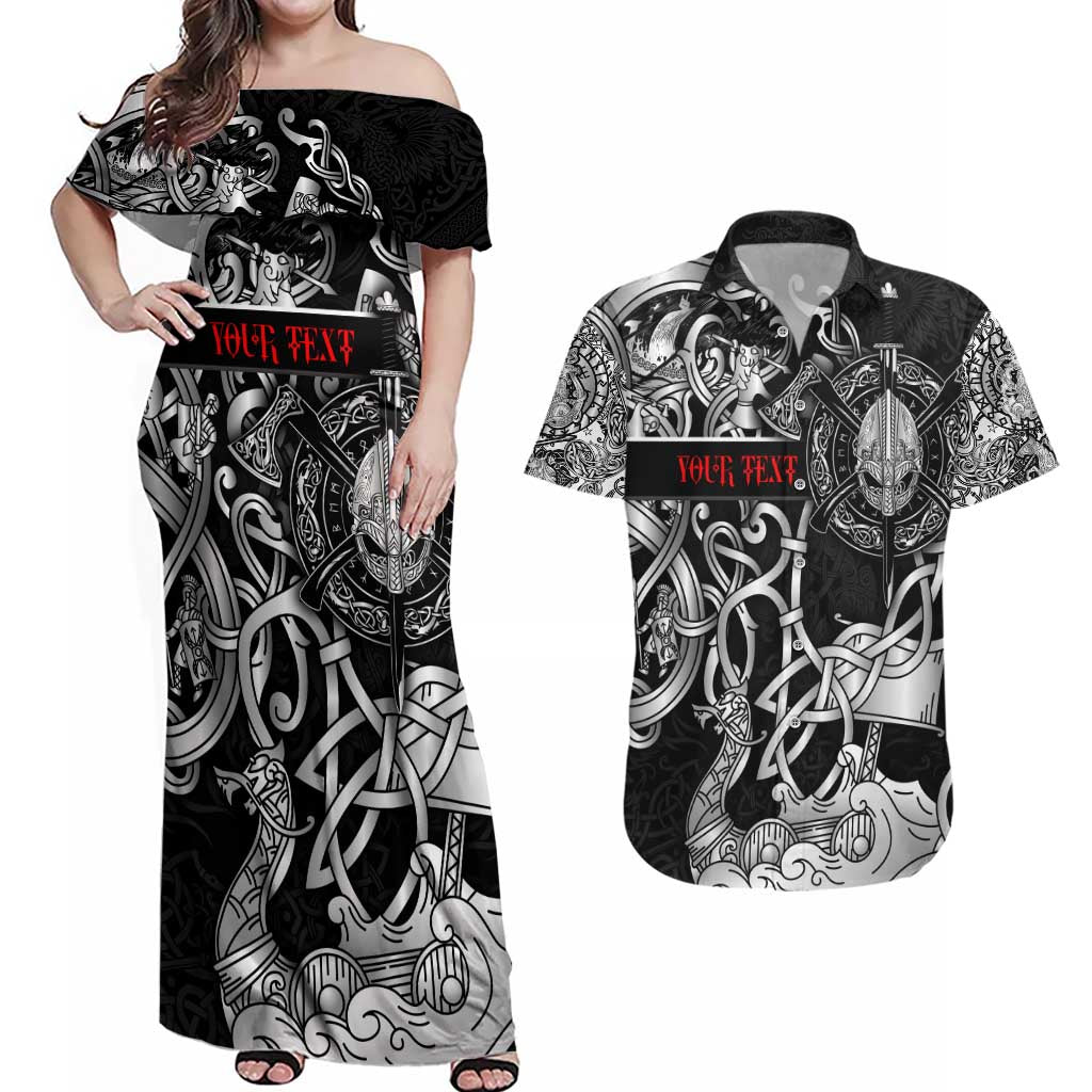 Viking Warrior Couples Matching Off Shoulder Maxi Dress and Hawaiian Shirt Tales Entwined in Nordic Knotwork