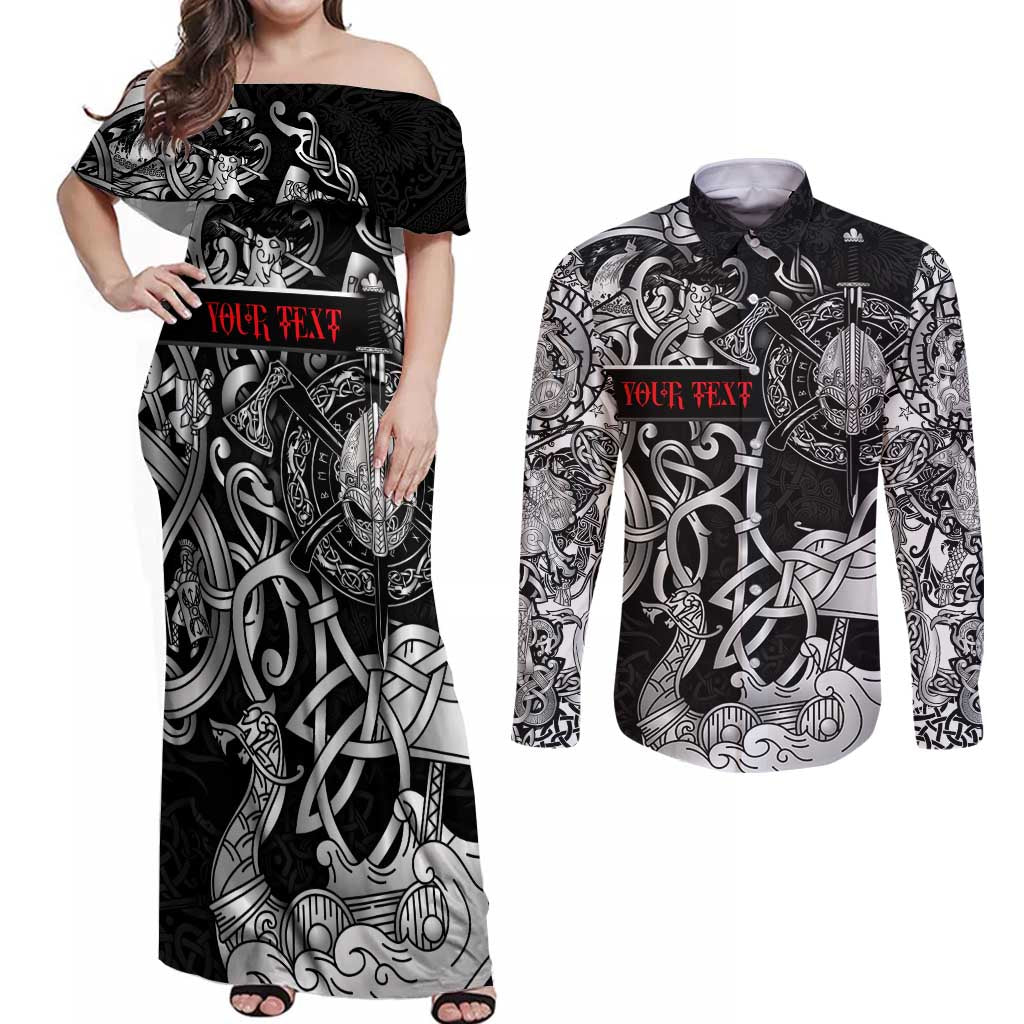 Viking Warrior Couples Matching Off Shoulder Maxi Dress and Long Sleeve Button Shirt Tales Entwined in Nordic Knotwork