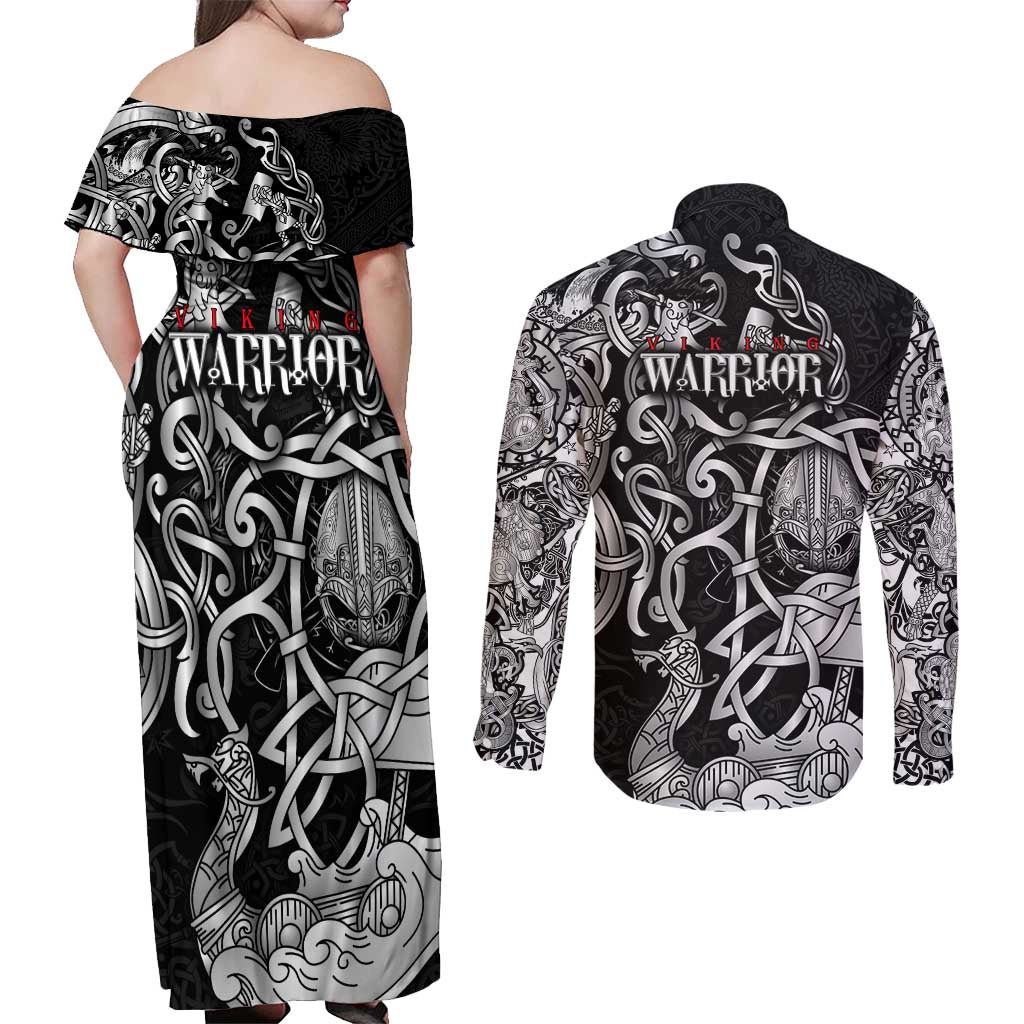 Viking Warrior Couples Matching Off Shoulder Maxi Dress and Long Sleeve Button Shirt Tales Entwined in Nordic Knotwork