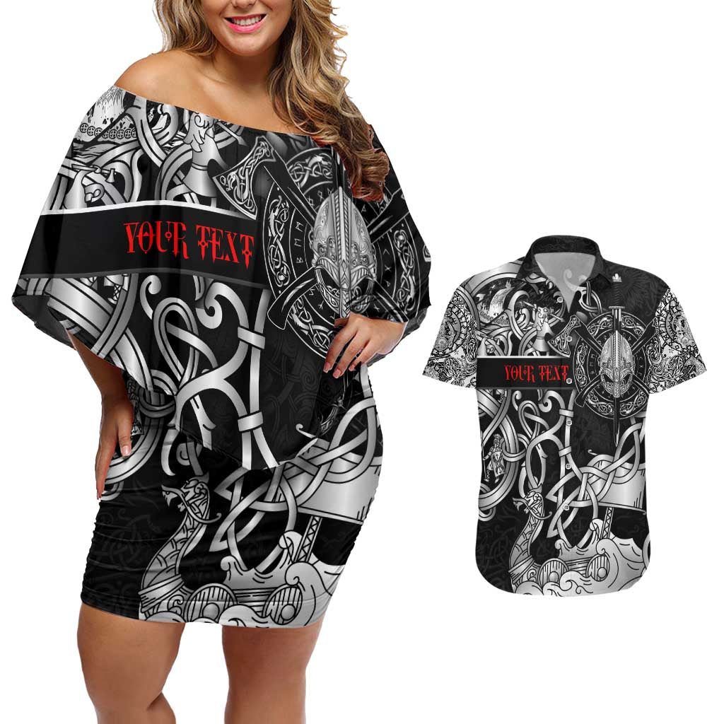 Viking Warrior Couples Matching Off Shoulder Short Dress and Hawaiian Shirt Tales Entwined in Nordic Knotwork