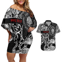 Viking Warrior Couples Matching Off Shoulder Short Dress and Hawaiian Shirt Tales Entwined in Nordic Knotwork
