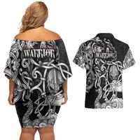 Viking Warrior Couples Matching Off Shoulder Short Dress and Hawaiian Shirt Tales Entwined in Nordic Knotwork