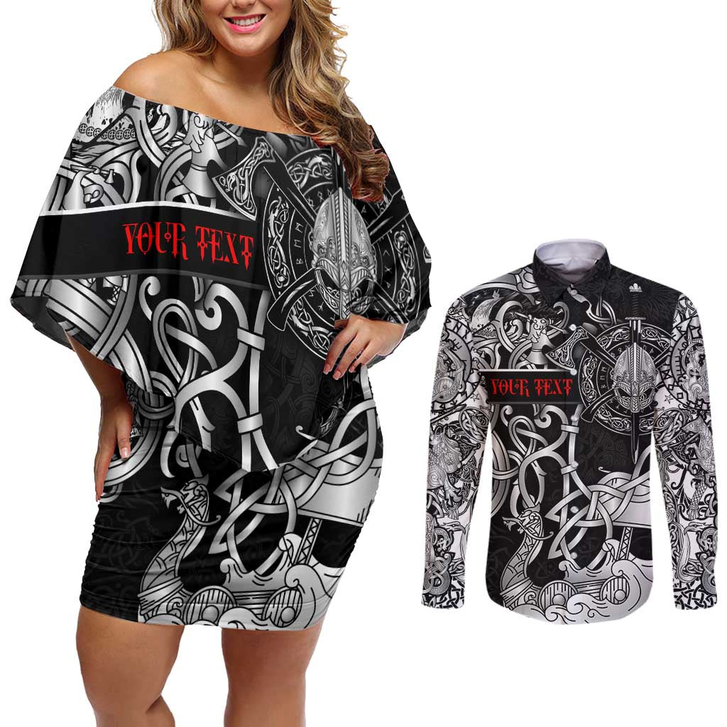 Viking Warrior Couples Matching Off Shoulder Short Dress and Long Sleeve Button Shirt Tales Entwined in Nordic Knotwork