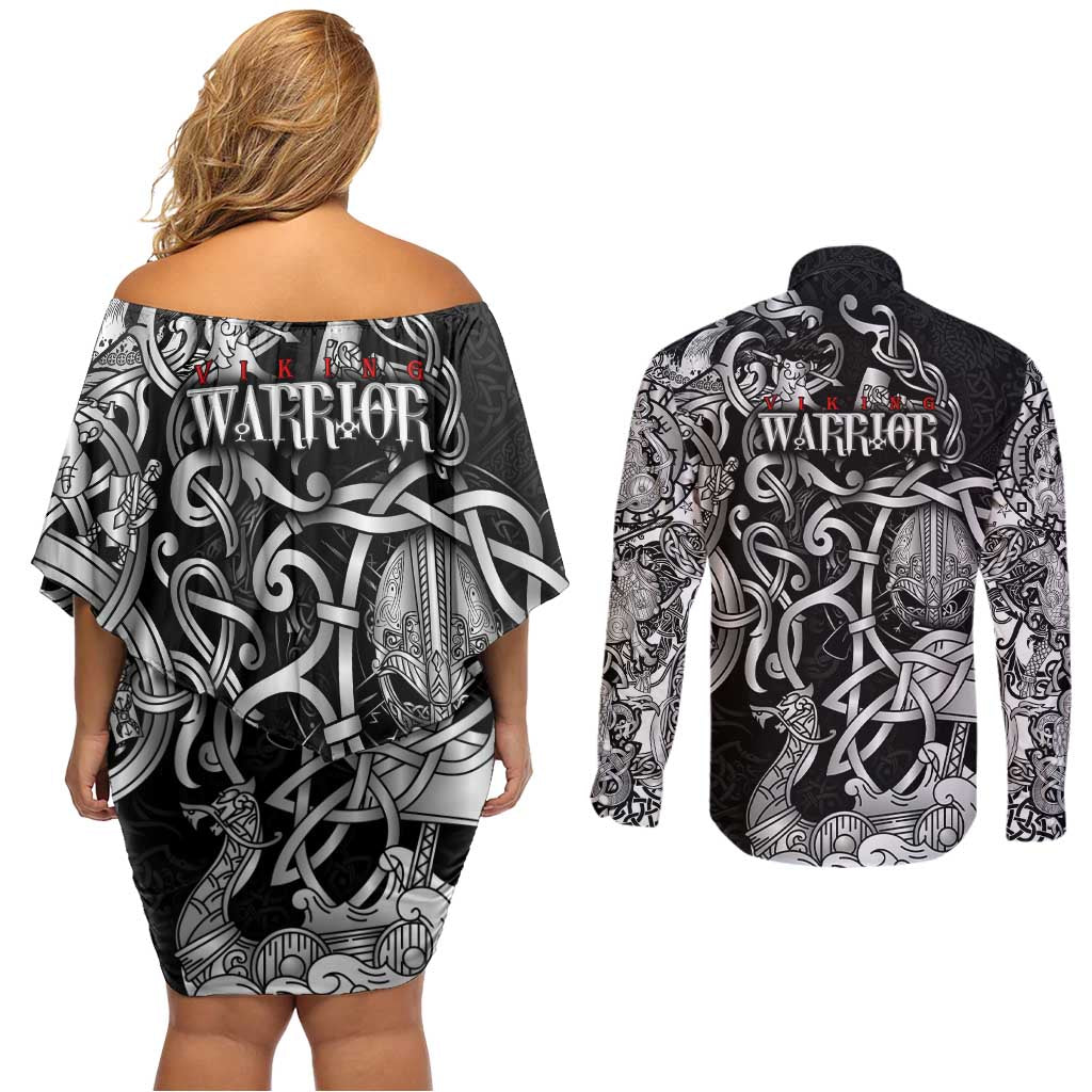 Viking Warrior Couples Matching Off Shoulder Short Dress and Long Sleeve Button Shirt Tales Entwined in Nordic Knotwork