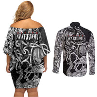 Viking Warrior Couples Matching Off Shoulder Short Dress and Long Sleeve Button Shirt Tales Entwined in Nordic Knotwork