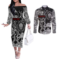 Viking Warrior Couples Matching Off The Shoulder Long Sleeve Dress and Long Sleeve Button Shirt Tales Entwined in Nordic Knotwork