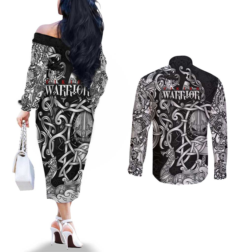 Viking Warrior Couples Matching Off The Shoulder Long Sleeve Dress and Long Sleeve Button Shirt Tales Entwined in Nordic Knotwork