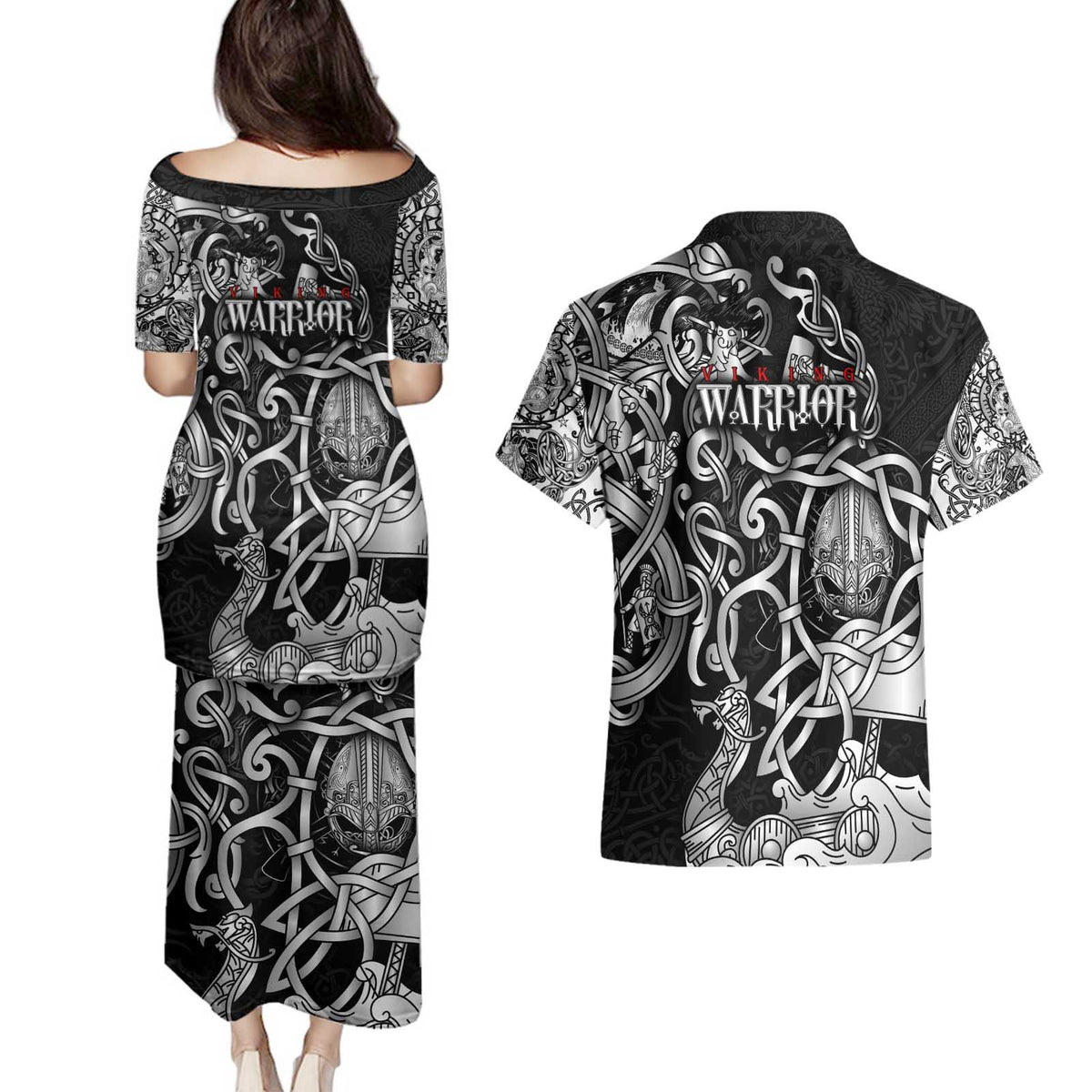 Viking Warrior Couples Matching Puletasi and Hawaiian Shirt Tales Entwined in Nordic Knotwork