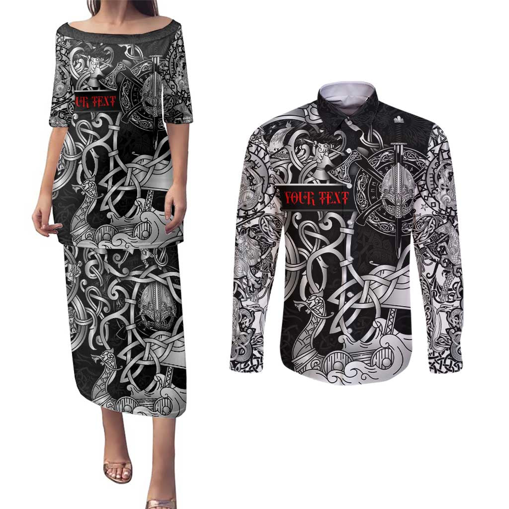 Viking Warrior Couples Matching Puletasi and Long Sleeve Button Shirt Tales Entwined in Nordic Knotwork