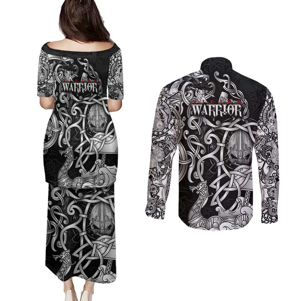 Viking Warrior Couples Matching Puletasi and Long Sleeve Button Shirt Tales Entwined in Nordic Knotwork