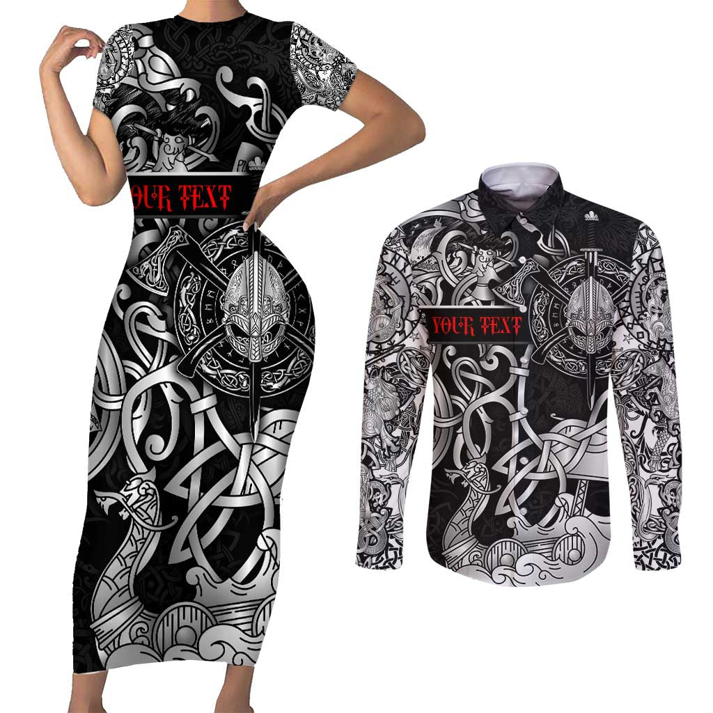 Viking Warrior Couples Matching Short Sleeve Bodycon Dress and Long Sleeve Button Shirt Tales Entwined in Nordic Knotwork