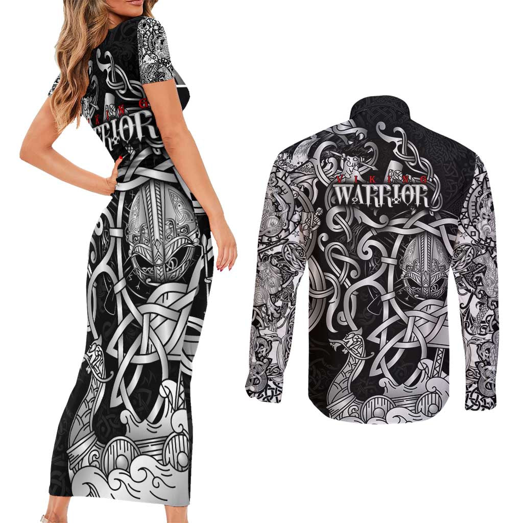 Viking Warrior Couples Matching Short Sleeve Bodycon Dress and Long Sleeve Button Shirt Tales Entwined in Nordic Knotwork