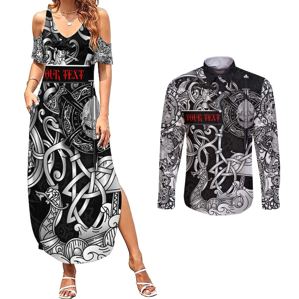 Viking Warrior Couples Matching Summer Maxi Dress and Long Sleeve Button Shirt Tales Entwined in Nordic Knotwork