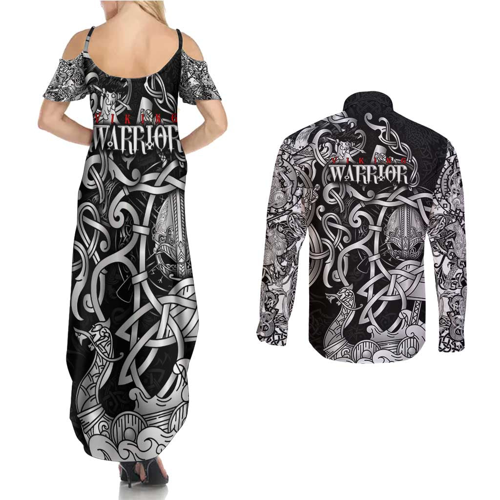 Viking Warrior Couples Matching Summer Maxi Dress and Long Sleeve Button Shirt Tales Entwined in Nordic Knotwork