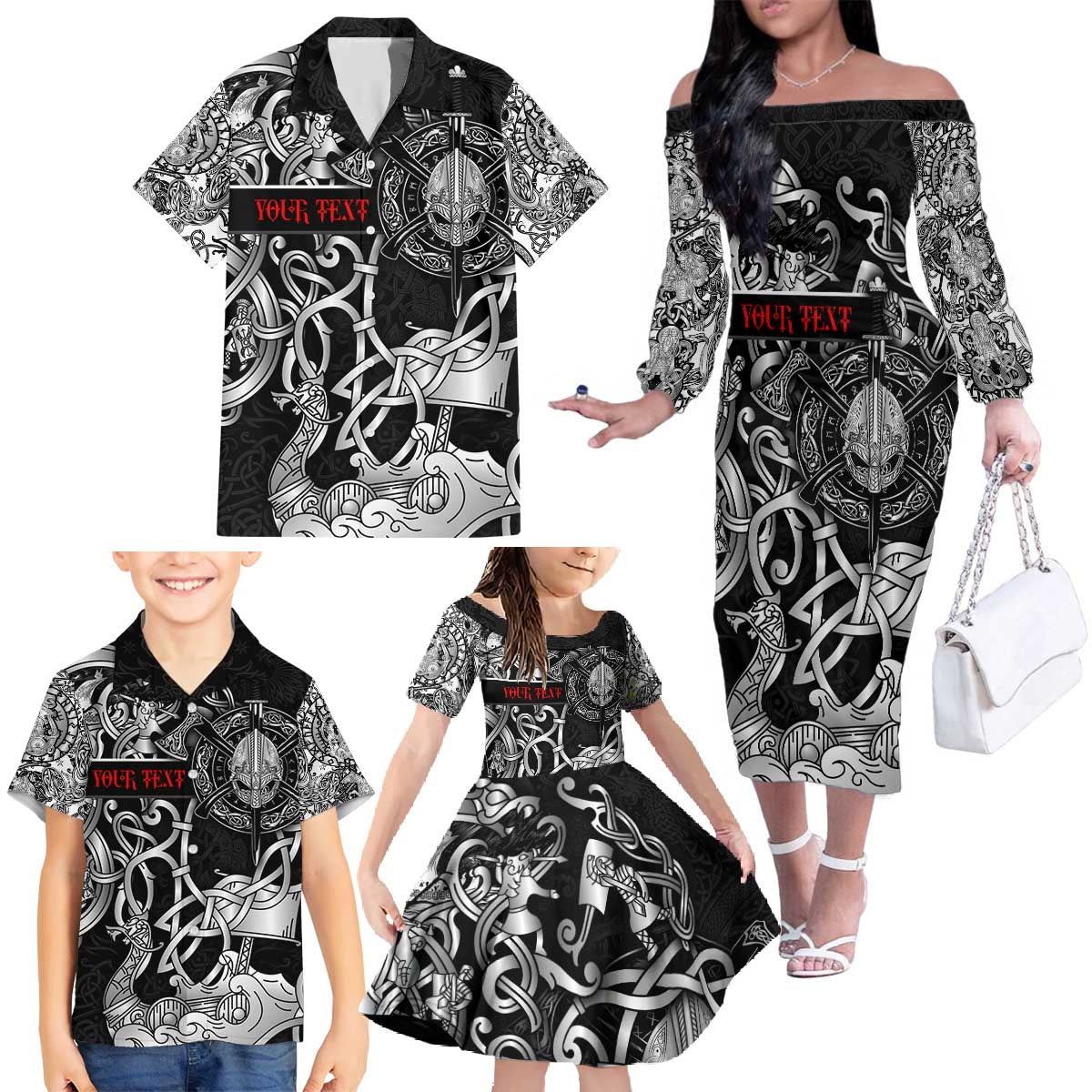 Viking Warrior Family Matching Off The Shoulder Long Sleeve Dress and Hawaiian Shirt Tales Entwined in Nordic Knotwork