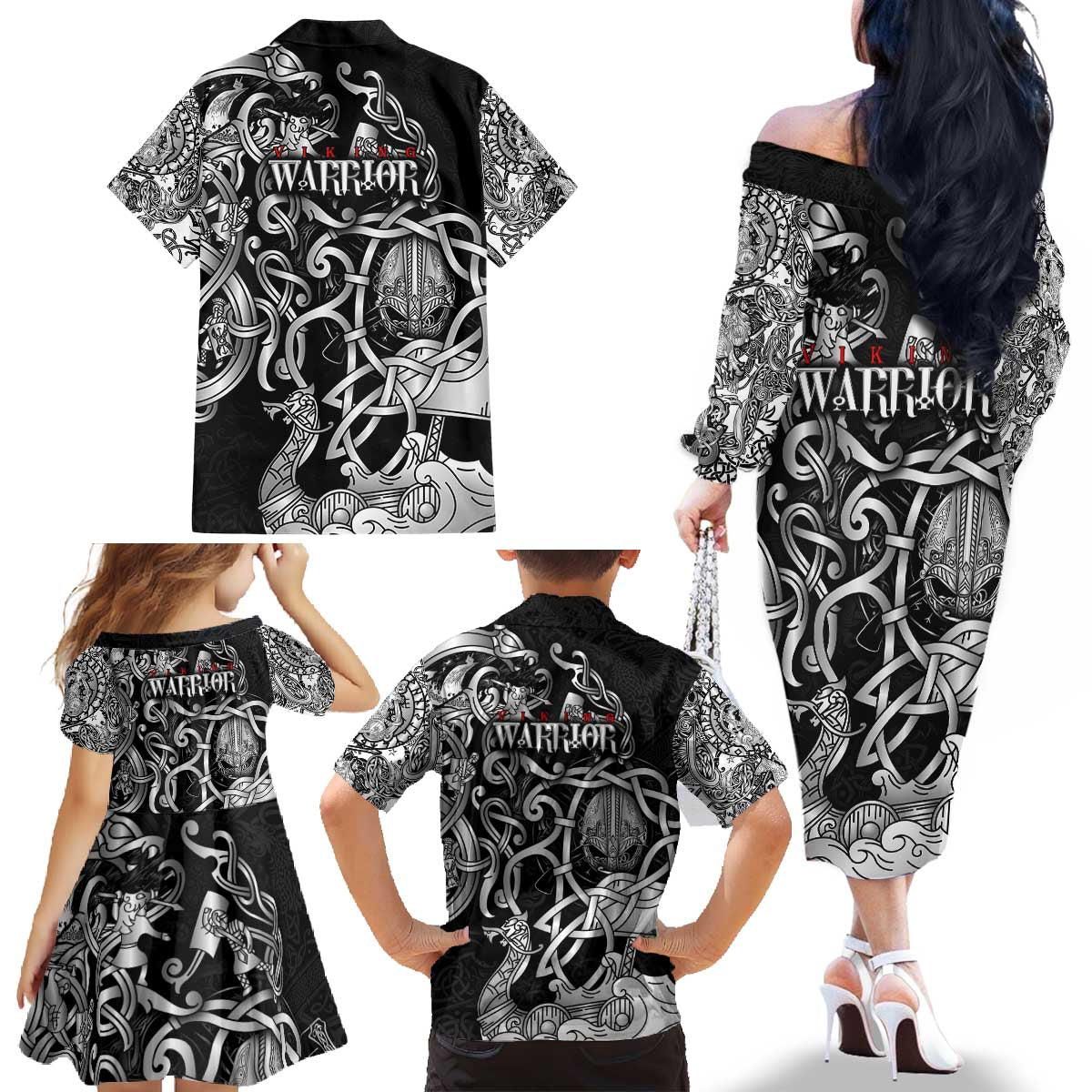Viking Warrior Family Matching Off The Shoulder Long Sleeve Dress and Hawaiian Shirt Tales Entwined in Nordic Knotwork