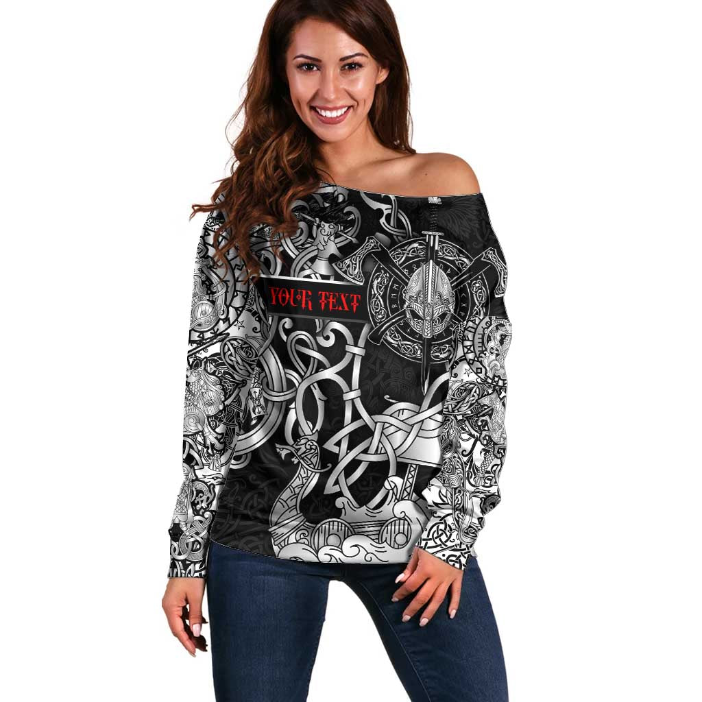 Viking Warrior Off Shoulder Sweater Tales Entwined in Nordic Knotwork