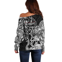 Viking Warrior Off Shoulder Sweater Tales Entwined in Nordic Knotwork