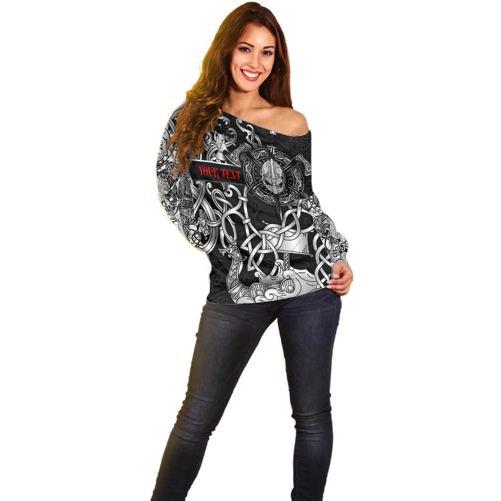 Viking Warrior Off Shoulder Sweater Tales Entwined in Nordic Knotwork