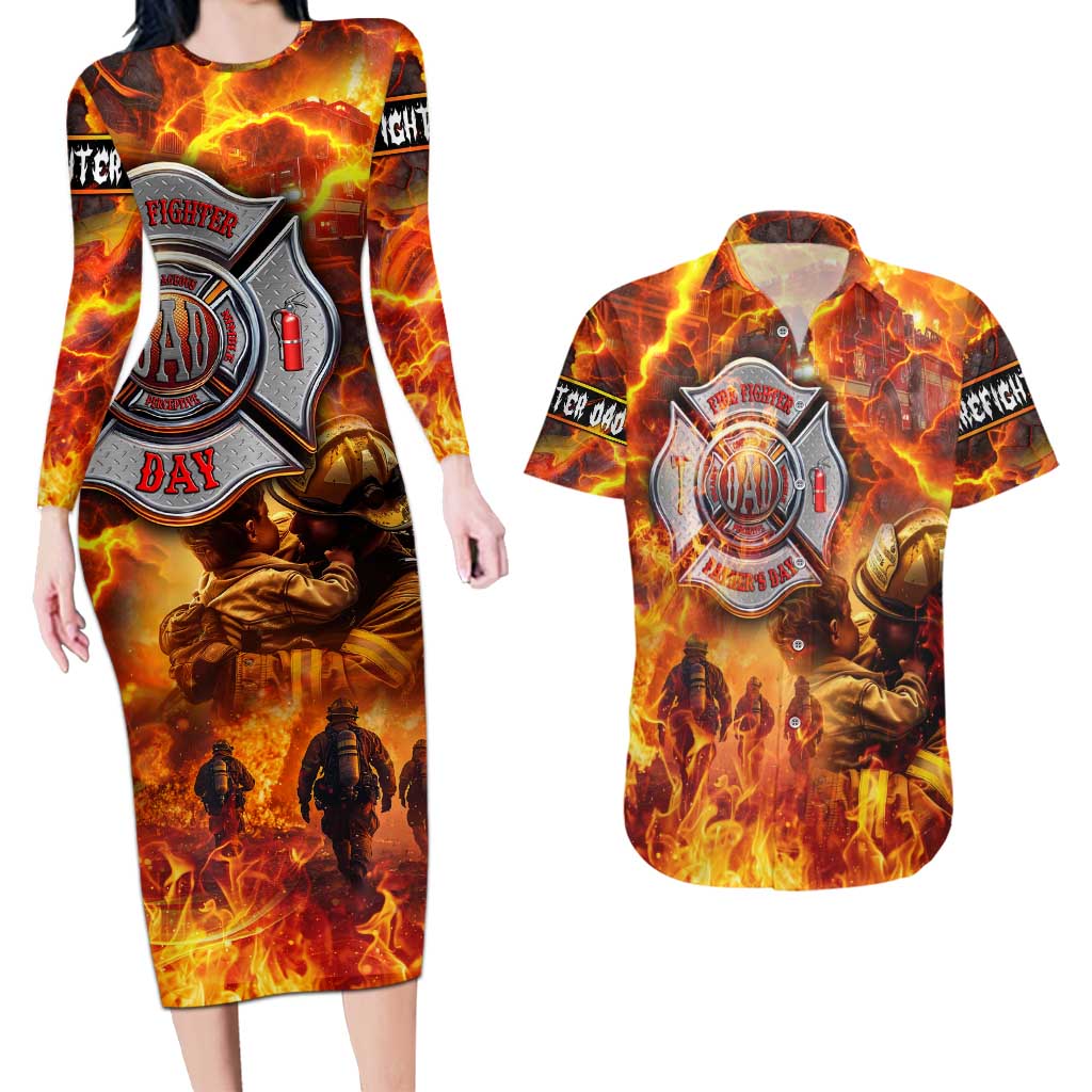 Firefighter Fathers Day Couples Matching Long Sleeve Bodycon Dress and Hawaiian Shirt Dad By Name - Firefighter By Heart