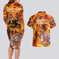 Firefighter Fathers Day Couples Matching Long Sleeve Bodycon Dress and Hawaiian Shirt Dad By Name - Firefighter By Heart