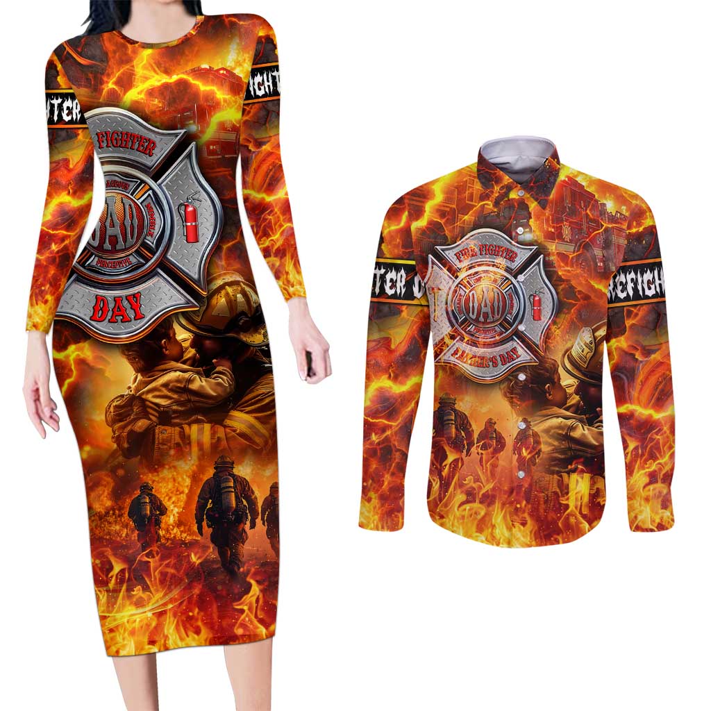 Firefighter Fathers Day Couples Matching Long Sleeve Bodycon Dress and Long Sleeve Button Shirt Dad By Name - Firefighter By Heart