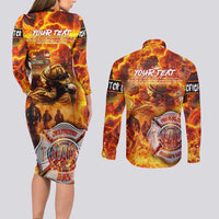 Firefighter Fathers Day Couples Matching Long Sleeve Bodycon Dress and Long Sleeve Button Shirt Dad By Name - Firefighter By Heart